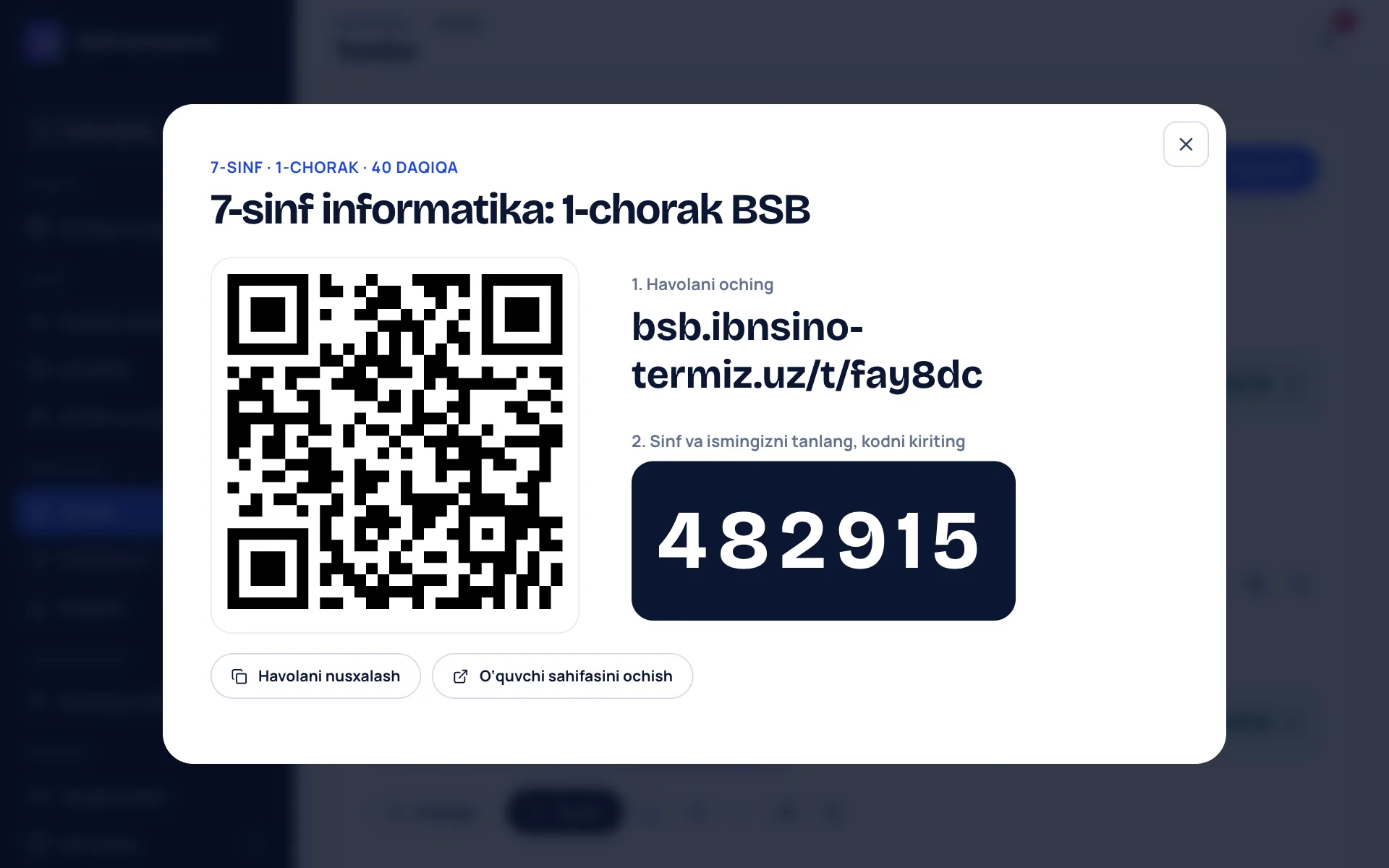 Doskaga chiqarilgan test kodi va QR kod