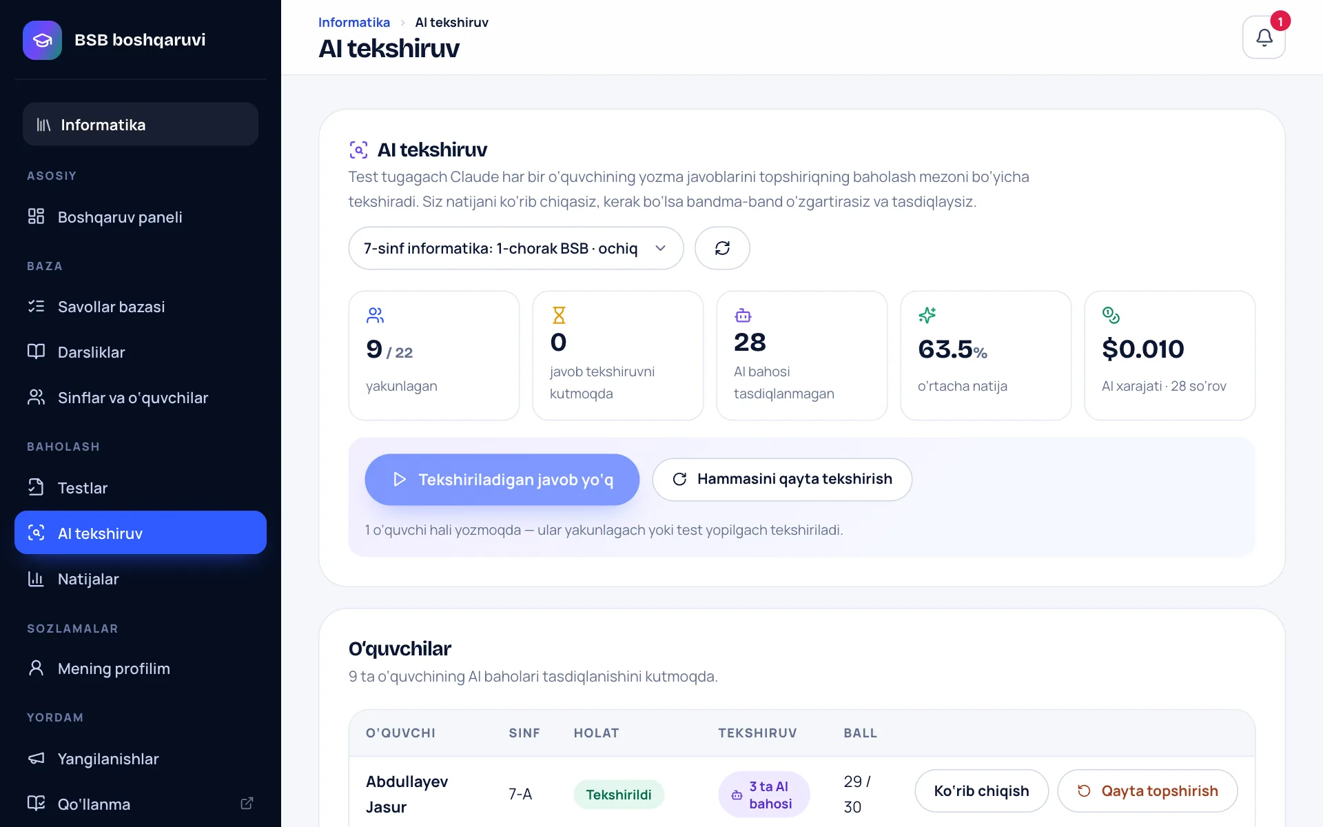 «AI tekshiruv» oynasi