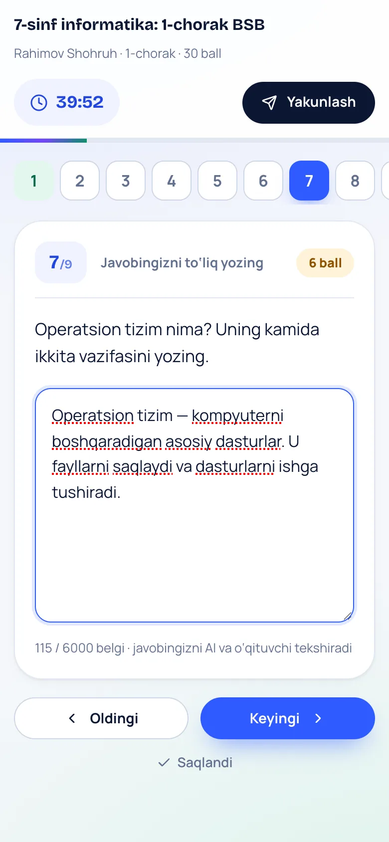 O‘quvchi ekrani: yozma javob