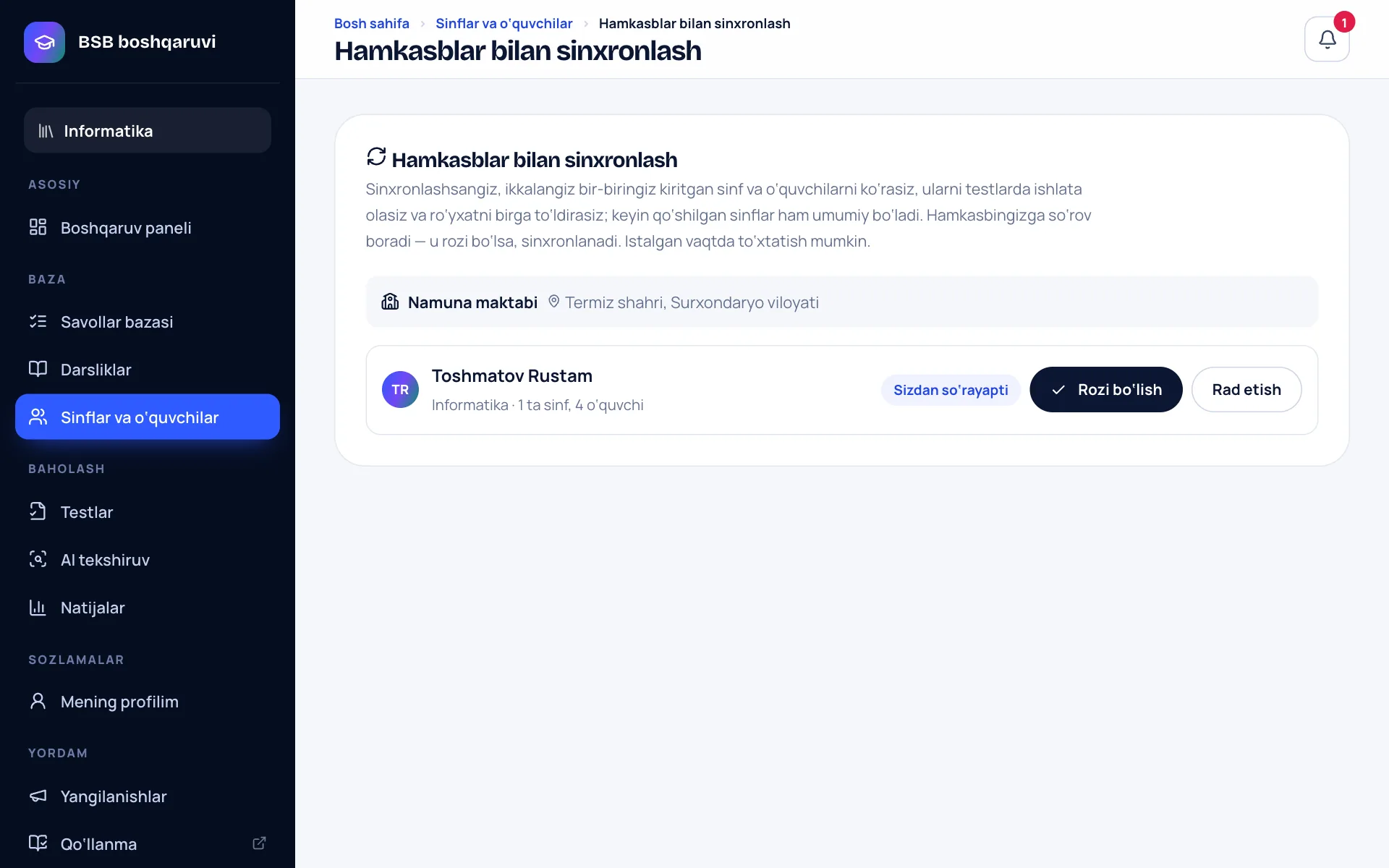 Hamkasblar bilan sinxronlash sahifasi